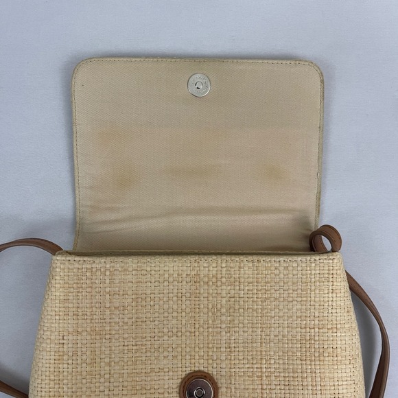 Vintage Fossil Straw Crossbody Bag Purse Floral Embroidered Tan‎ Leather Strap - Picture 7 of 13